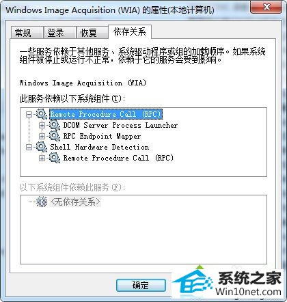 切换到“依存关系” win10系统右键点击打印机图标没有扫描选项的图文步骤